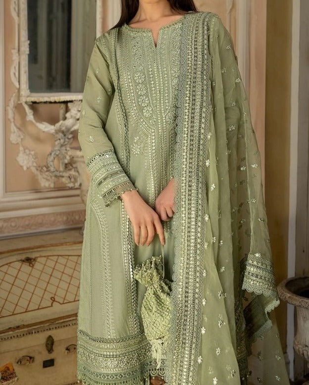 Grace W265- Embroidered 3pc linen dress with Embroidered Organza dupatta.