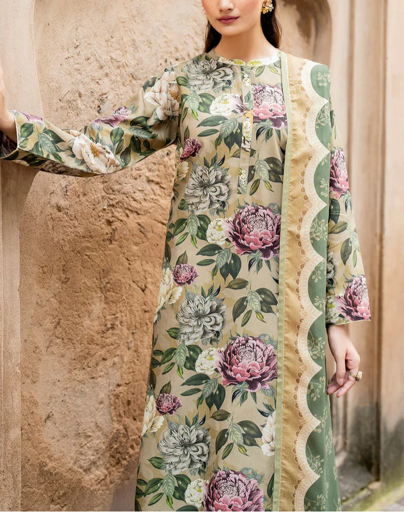 Grace W589-Printed 3pc karandi Dress With Printed karandi Shawl.