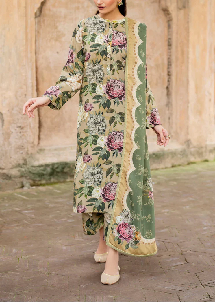 Grace W589-Printed 3pc karandi Dress With Printed karandi Shawl.
