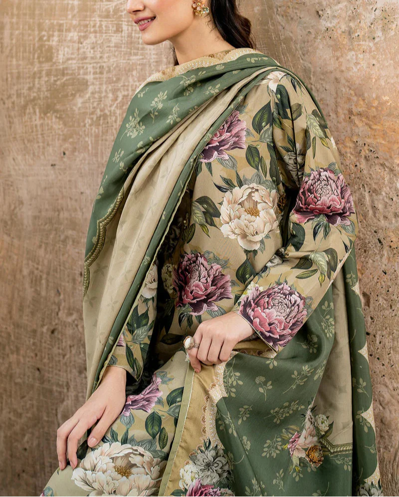 Grace W589-Printed 3pc karandi Dress With Printed karandi Shawl.
