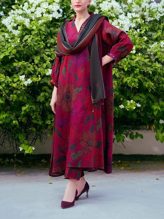 Grace W602-Printed 3pc karandi Dress With Printed karandi Shawl.