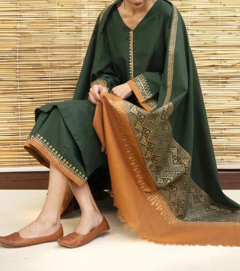 Grace W269- Embroidered 3pc marina dress with Digital Printed wool shawl.