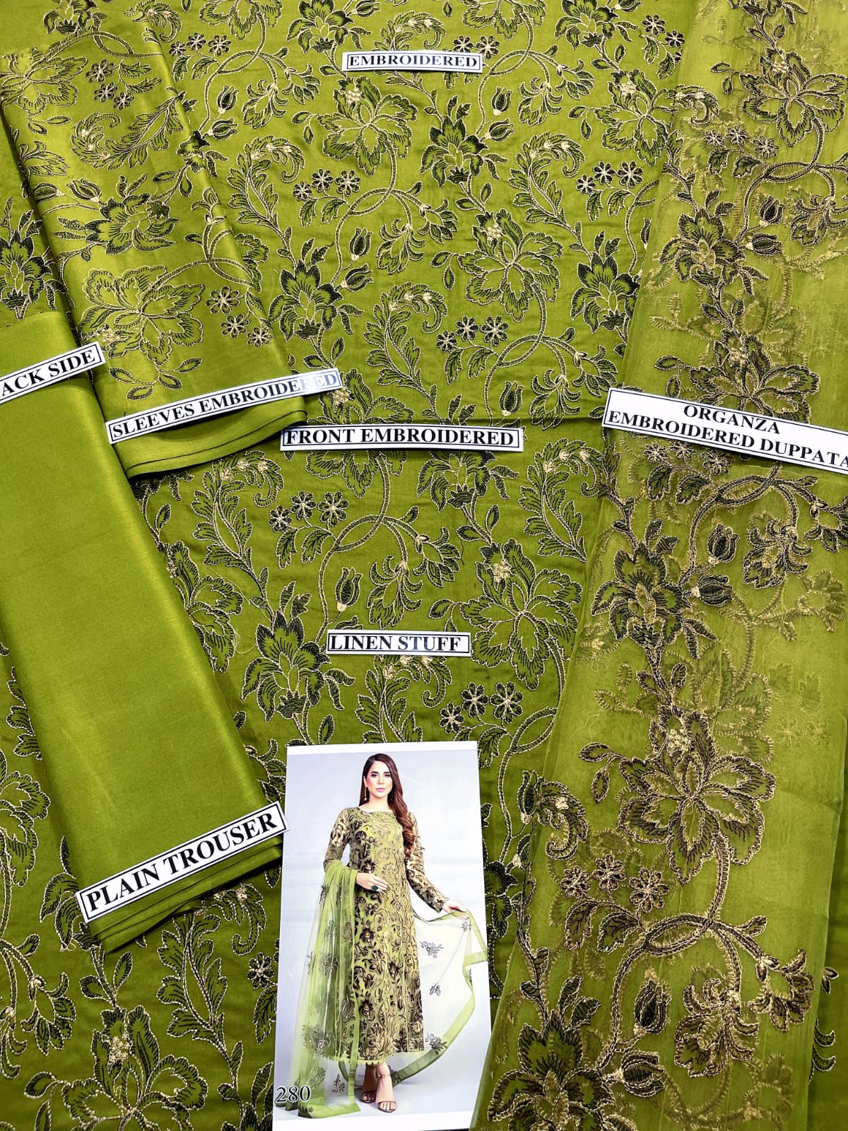 Grace W262- Embroidered 3pc linen dress with Embroidered Organza dupatta.