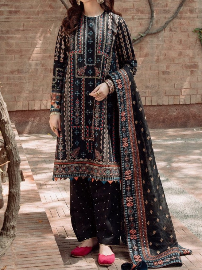 Grace W19- Embroidered 3pc marina dress with embroidered chiffon dupatta.