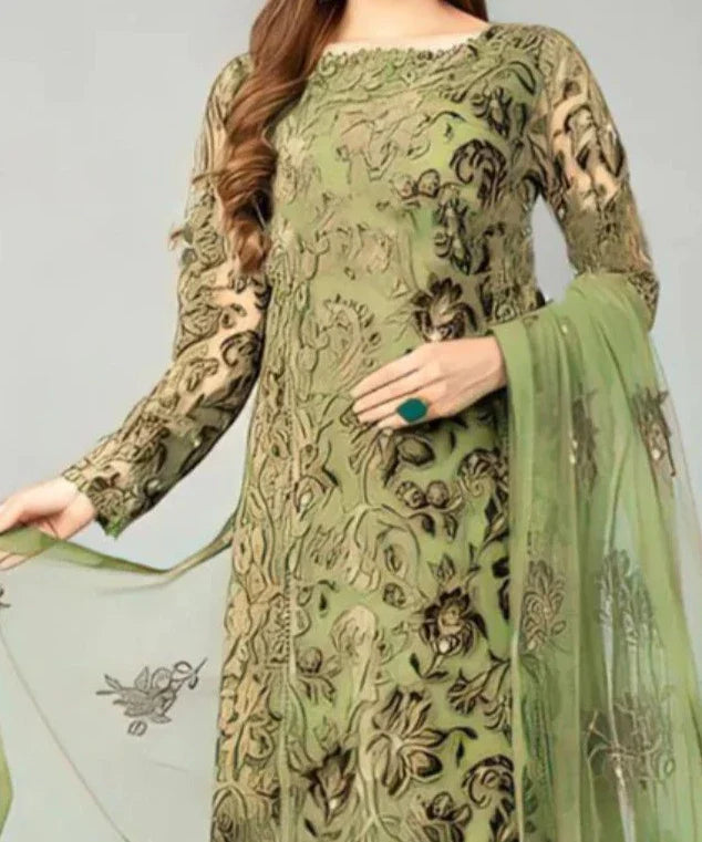 Grace W262- Embroidered 3pc linen dress with Embroidered Organza dupatta.
