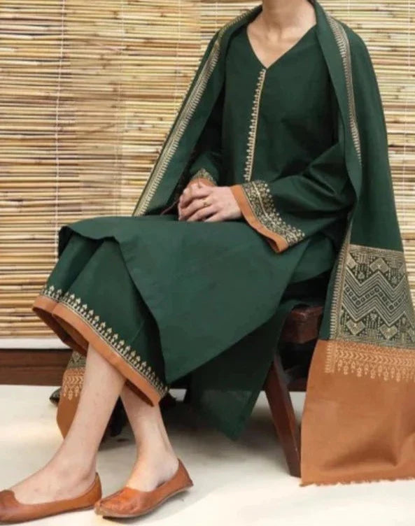 Grace W269- Embroidered 3pc marina dress with Digital Printed wool shawl.