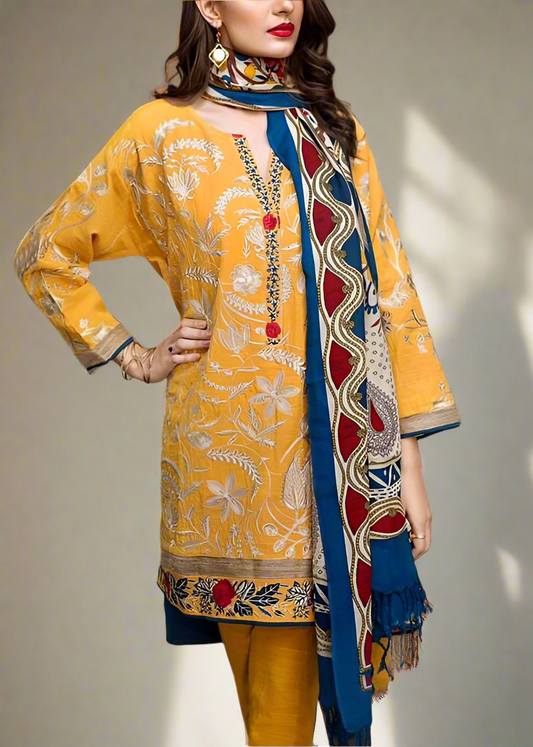 Grace W538-Embroidered 3pc khaddar dress With Printed shawl.