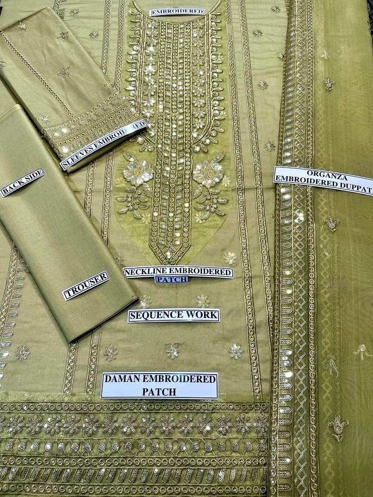 Grace W265- Embroidered 3pc linen dress with Embroidered Organza dupatta.