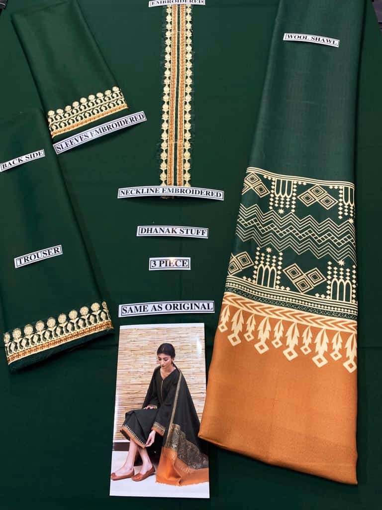 Grace W269- Embroidered 3pc marina dress with Digital Printed wool shawl.