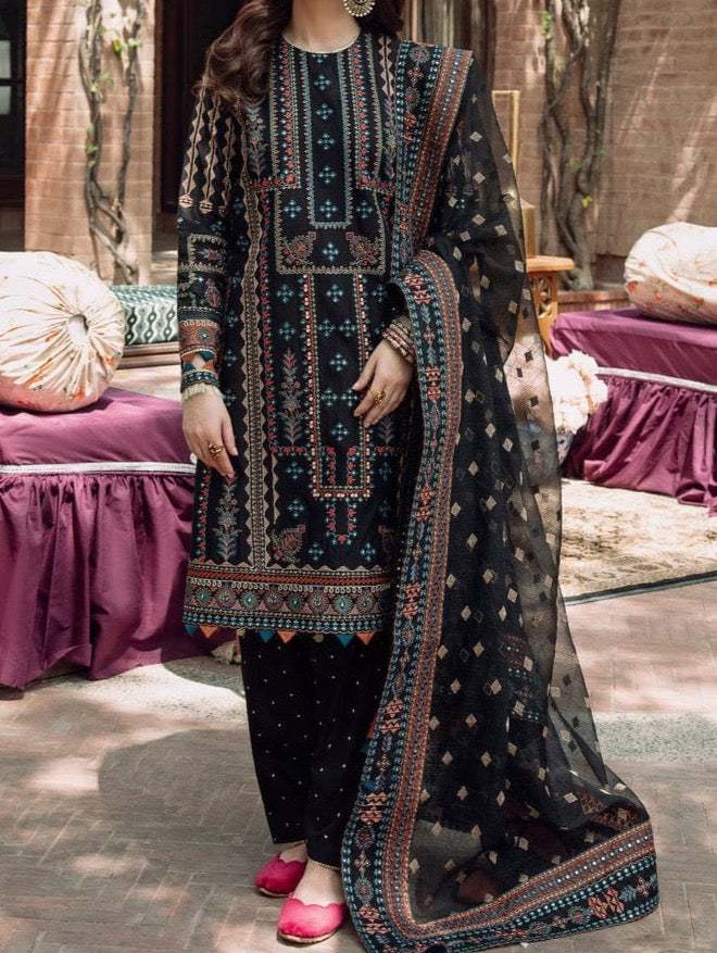 Grace W19- Embroidered 3pc marina dress with embroidered chiffon dupatta.